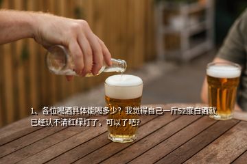 1、各位喝酒具体能喝多少？我觉得自己一斤52度白酒就已经认不清红绿灯了，可以了吧？